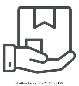 Courier man hand with box line icon, delivery service concept. Vector graphics. Product package in hand palm sign on white background, outline style icon for mobile or web design