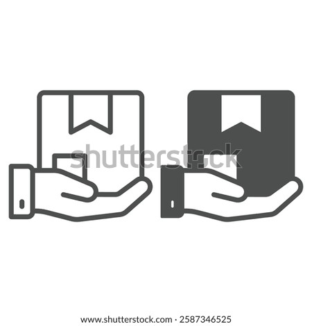 Courier man hand with box line and solid icon, delivery service concept. Vector graphics. Product package in hand palm sign on white background, outline style icon for mobile or web design