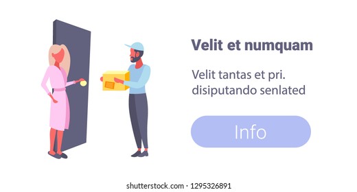 courier man handing cardboard parcel woman recipient express delivery service concept girl receiving box from deliveryman flat copy space horizontal