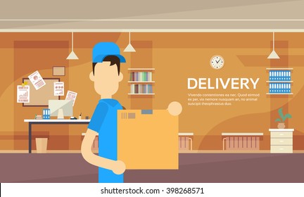 Courier Man Hold Box Entrega Pacote Serviço Post Armazém Interior Flat Ilustração Vector