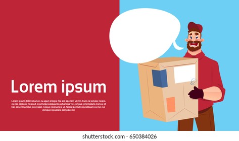 Courier Man Hold Box Delivery Package Post Service Banner Copy Space Flat Vector Illustration
