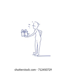 Courier Man Hold Gift Box Delivery Service Doodle Vector Illustration