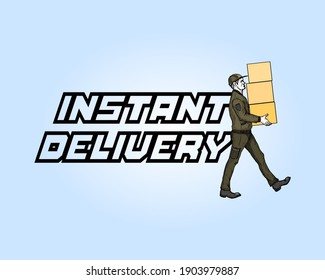 A courier man holding boxes with the message: Instant Delivery. Hand drawn vector illustration.