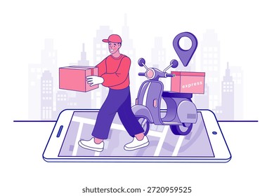 Hombre de mensajería que sostiene el paquete que camina en el mapa grande del smartphone con la vespa y el perno de la ubicación. Ilustración vectorial plana para el servicio de entrega de alimentos App, seguimiento de pedidos en línea y logística urbana.
