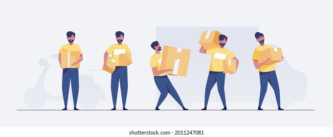  Courier man holding packaged box parcels. Delivery truck on background. vector illustration