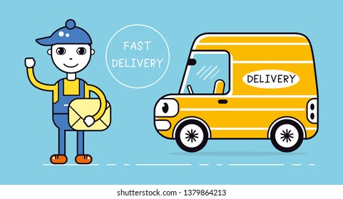 Courier man holding parcel box or envelope and delivery van