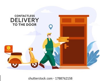 Courier Man Holding Pizza Parcels With Scooter In Front Of Door For Contactless Delivery To Prevent From Coronavirus.