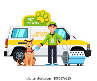 Courier man holding sheep dog on retractable leash next to animal transportation crate. Pet delivery truck with advertising design, pet carrier. Pet delivery concept. Flat vector isolated illustration