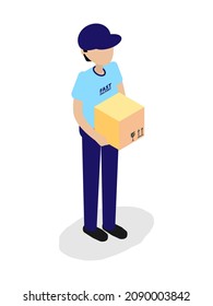 Vista frontal isométrica del hombre nutriente. Hombre de entrega con caja. Concepto de entrega rápida. Ilustración vectorial aislada en fondo blanco. Logística. EPS10