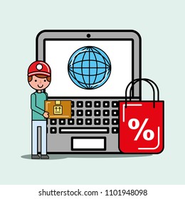 courier man laptop package world logistic and delivery