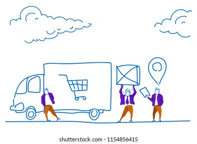 courier man loading cargo minivan parcel packages box destination geo tag e-shopping delivery industrial concept sketch doodle horizontal vector illustration