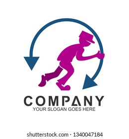 Courier man logo with circle arrow shape. Delivery service icon, Fast people vector.