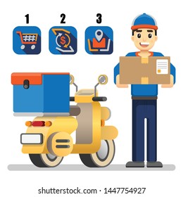 Courier Man or Messenger Boy Holding Parcal Box, Come by Motorcycle or Scooter and E-commerce Flat Icon.