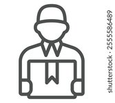 Courier man with package line icon, delivery service concept. Vector graphics. Buyer seller human sign on white background, outline style icon for mobile or web design