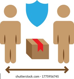 Courier and man in protective masks and food bag with safe distance to protect from covid-19 or coronavirus vector color icon design