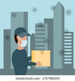 Courier man in a protective medical mask holds a box