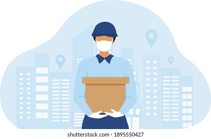 Courier man in a protective medical mask holds a parcel box  to deliver to customer in the city vector illustration. Covid-19 prevention, stay home, quarantine and free delivery concept