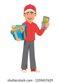 Courier man in red uniform. Handsome delivery man. Cartoon character holds gift box and POS terminal. Vector illustration on white background.