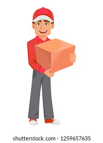 Courier man in red uniform. Handsome delivery man. Cartoon character holds carton box. Vector illustration on white background.