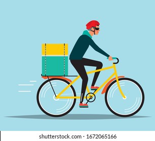 Courier man riding a bike and delivering a big box. Deliverer vector illustration