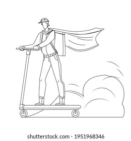 Courier Man Riding Scooter Delivery Service Black Line Pencil Drawing Vector. Courier Man With Box And Wearing Red Cloak Delivering Customer Order. Character Ride Electric Urban Transportation 