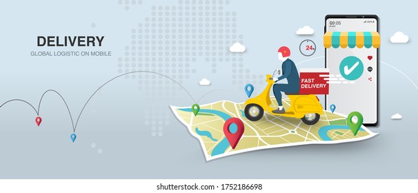 Courier man, scooter, smartphone and map Vector illustration. Online delivery service on mobile with order tracking. Panoramic website banner