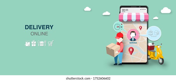 Ilustración vectorial de Courier man, scooter y smartphone para servicio de entrega en línea en el móvil con seguimiento de pedidos. Panorámica de la página web