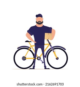 Courier man stands near the bike and holds a box. Delivery concept. Isolated on a white background.