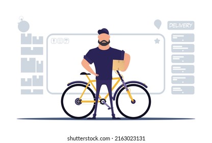 Courier man stands near the bike and holds a box. Delivery concept. Vector illustration.