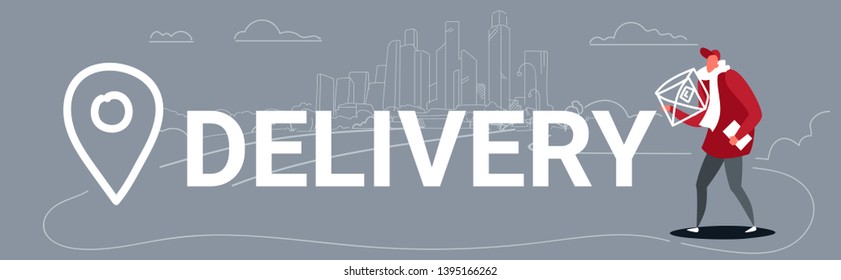 courier man in uniform carrying box package mail delivery service concept online order tracking location geo tag destination sketch doodle horizontal full length