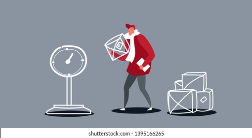 courier man in uniform putting parcel box on scales mail delivery logistic service concept sketch doodle horizontal full length