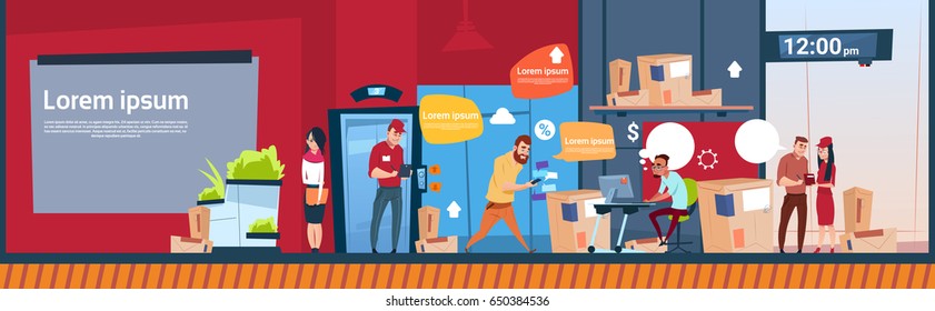 Courier Man And Woman Carry Boxes Delivery Package Post Service Warehouse Interior Banner Copy Space Flat Vector Illustration