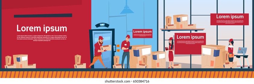 Courier Man And Woman Carry Boxes Delivery Package Post Service Warehouse Interior Banner Copy Space Flat Vector Illustration