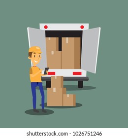 Courier man in yellow uniform receiving the web order on tablet with van. Fast delivery. Can be used business service shipping. Vector illustration. EPS10. 