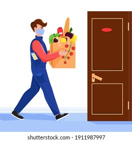 Courier in mask with bag from grocery store. Safe delivery order. Open door. Vector illustration.