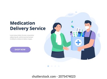 A Courier In A Mask Gives An Order With Drugs To A Woman. Online Pharmacy, Delivery Drugs, Prescription Medicines Order. Vector Flat Illustration For Banners, Landing Page.