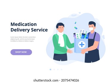 A Courier In A Mask Gives An Order With Drugs To A Man. Online Pharmacy, Delivery Drugs, Prescription Medicines Order. Vector Flat Illustration For Banners, Landing Page.