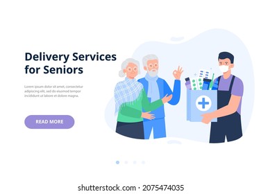 A Courier In A Mask Gives An Order With Drugs To Elderly Couple. Online Pharmacy, Delivery Drugs, Prescription Medicines Order. Vector Flat Illustration For Banners, Landing Page.