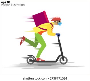 Courier in a mask and gloves on a scooter with a box rides fast