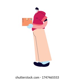 Courier with mask, gloves and packages to deliver vector illustration desing