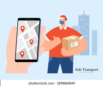 Courier with mask holding a package and a hand using map app on phone. Flat illustration suitable for safe and clean delivery during COVID-19 outbreak.
