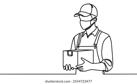 courier in mask holding parcel, one line vector drawing. delivery concept.