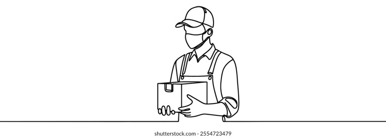 courier in mask holding parcel, one line vector drawing. delivery concept.