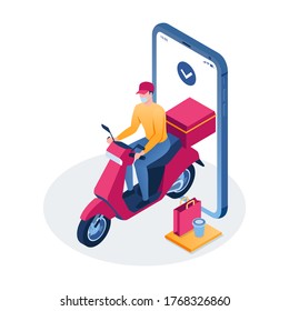 Courier in mask rides a scooter on mobile phone background. Fast delivery package. Isometric vector illustration