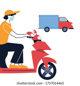 courier with mask and transport vehicle for delivery vector illustration desing