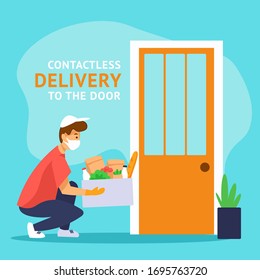 A courier in a medical face mask delivers grocery order. Man holds parcel of food in his hands. He leaves box at the door. Safe contactless delivery during quarantine. Coronavirus pandemic. Stay home.