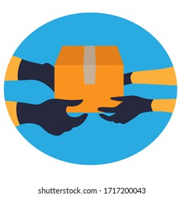 A courier in medical gloves gives the sealed box to a customer. Precautions during a pandemic covid-19. Food delivery during quarantine. Template for website, landing page. Flat vector illustration.