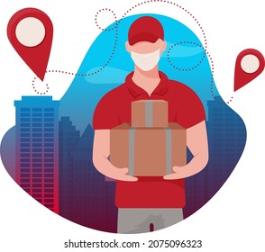 Courier in a medical mask with boxes in his hands. Delivery at COVID-19. Destination pointer. Vector image