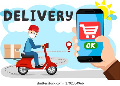 Courier in a medical mask delivers a package on a scooter. Online sales