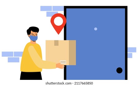 A courier in a medical mask delivers a package to the door. Contactless delivery. Delivery of parcels, food, goods